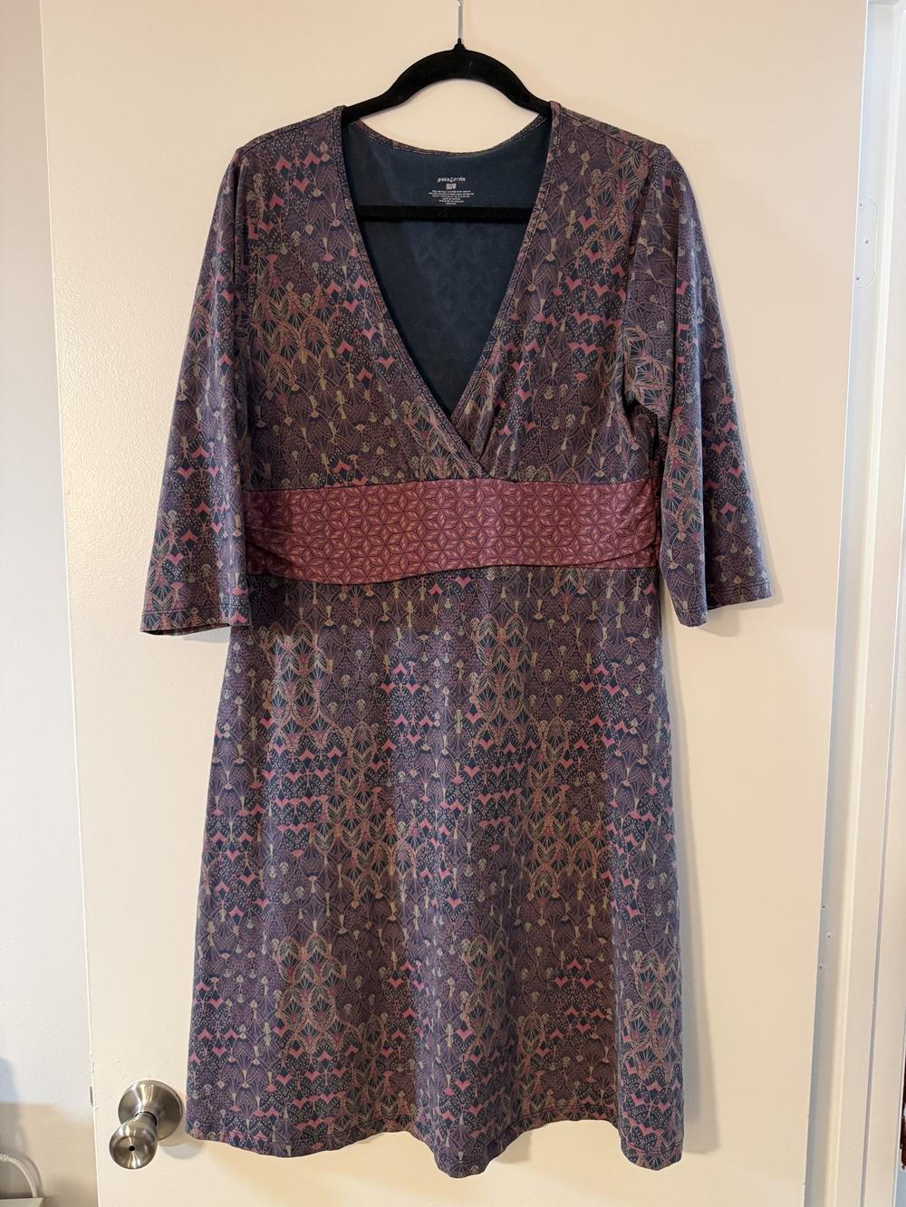 Patagonia Purple Patterned Midi Dress with Burgundy Waistband